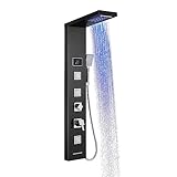 OUGOO LED Duschpaneel mit Armatur und Temperaturanzeige, ohne Batterie, Duschsäule Komplettset mit Regendusche, Wasserfalldusche, Massagedüsen, Handbrause und Badewannenauslauf, 304 Edelstahl, Schwarz