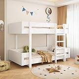 Etagenbett Kinderbett Hochbett Jugendbett mit 2 Liegeflächen 90x200 und Leiter, Platzsparendes Stockbett Holzbett Bettrahmen mit Rausfallschutz und Lattenrost, stabile Massivholzkonstruktion, Weiß