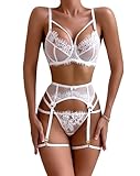 EVELIFE Damen Dessous Set mit Strumpfgürtel Sexy Spitze Unterwäsche 4-teilig Hohe Taille Strapsen Dessous ohne Strümpfe (Weiß,38)