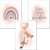 artpin® Poster Kinderzimmer, 3er Set Bilder Babyzimmer Mädchen, Altrosa Luftballon Regenbogen Fuchs K3