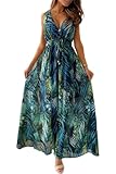 Yutdeng Kleid Damen Sommer Lang Trägerkleid Sommerkleid Lang V Ausschnitt Blumenmuster Rückenfrei Ärmellos Maxi Kleider Boho Strandkleid Blumenkleid Langes Kleid Sommer Elegant,Grün,M