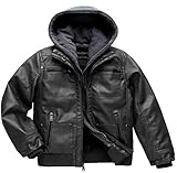 Jungen Kunstlederjacke Winddicht Warm Wintermantel Kinder Bomber Oberbekleidung Wasserdicht PU Motorradjacke, Schwarz, 10-12