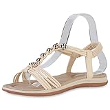 VAN HILL Damen Sandalen Riemchensandalen Schuhe Flache Zierperlen Sommersandalen Kunstleder Freizeitschuhe 204022 Creme 40