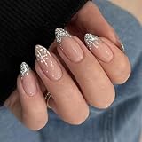 24 x Schneeflocke Künstliche Nägel French Tip Stick On Nails Weihnachten Full Covers Falsche Nägel Mandelform Press on Nails