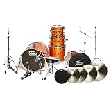 Fame Studio Drum Set, 20' Bass Drum, 10' 12' 14' Tom-Tom, 14' Snare, Birch Wood, High Gloss Orange, Satin Amber, Chrome Hardware, Free Floating Tom Mount, Rubberized Hardware, Pre-Dampened Bass Drum