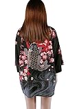 Siehin Damen Kimono Cardigan Japan Happi Kimono Frühling-Sommer Jacke Yukata Coat Ukiyoe Baggy Tops Einheitsgröße (Schwarz Fisch)