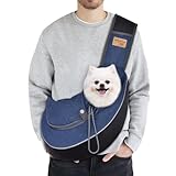 CUBY Tragetasche für Welpen, Hunde, atmungsaktiv, Sicherheits-Vordertasche, Netztasche mit verstellbarem Schultergurt, für Outdoor und Reisen (Denim, L)