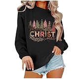 FGVFCS Weihnachtspullover für Damen, Motiv: Merry Christmas Tree, bedruckt, Sweatshirts, lässiger lockerer Pullover, übergroß, bequem, einfarbig, grafischer Pullover, 01 black, L