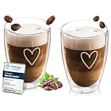 ElbFuchs® Latte Macchiato Gläser doppelwandig [2x 350ml] GESCHENKIDEE mit HERZ | Kristallklare Thermogläser doppelwandig | Ideal als Cappuccino Gläser | Kaffeegläser | Teegläser