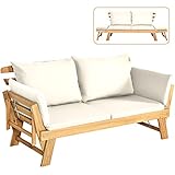 COSTWAY Gartenbank mit Liegefunktion, Gartensofa mit Auflagen und klappbaren Armlehne, Balkonbank aus Holz, Sitzbank für Garten, Terrasse, Balkon, 198 x 75 x 75 cm (Beige)