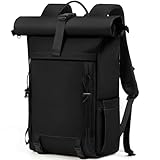 RAINSMORE Rolltop Rucksack Damen Herren, Rucksack Wasserdicht, Laptop Rucksack 17 Zoll Groß Reiserucksack Daypacks Backpack Wanderrucksack Schwarz