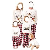 Owl's-Yard Passendes Weihnachts-Pyjama-Set für Familie, Cartoon-Elch-PJs, langärmelige Oberteile + karierte Hose/Baby-Strampler für Kinder und Erwachsene (Haustier, Weiß #Elch 09, XL), White#Elk 09, XL