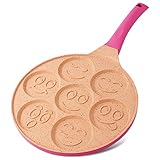 Joejis Pancake Crepe Pfanne mit 7 Mulden mit Smiley-Gesichtern - 26,5 cm Antihaft Leichte Aluminiumguss - Induktion - Spaß für Kinder - Mehrzweck Palatschinken Pfanne Spiegelei - Rosa