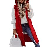 VIVAZYTGH Wattierter Wintermantel for Damen, einfarbige ärmellose Weste mit Kapuze, mittellange einreihige Jacke mit Kordelzug(Red,XL)