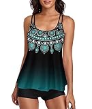 Tankini Damen Bauchweg Bademode Set Damen Freizeit Tankini Badeanzug Zweiteiler Tankini Set Sommer Elegant Badeanzüge für Damen Tankini Oberteil mit Badeshorts GrBohème-Druck mit Farbverlauf L