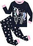 EULLA Kinder Mädchen Schlafanzüge Langarm Baumwolle Winter Pyjama Set Glow in The Dark Einhorn Zweiteilig Nachtwäsche 92 98 104 110 116 122 128 134 140 A-dunkelblau Glow in The Dark Einhorn DE 134