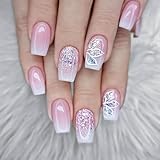 24 Stück Eckig Nägel Zum Aufkleben Kurz, Rosa Weiß Farbverlauf French Künstliche Nägel, Acryl Kunstnägel Press on Nails mit Nagelkleber Aufkleber, Square Ballerina Fingernägel Fake Nails für Frauen