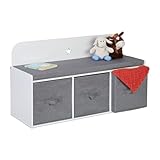 Relaxdays Kinderbank mit Stauraum, HBT: 54 x 99 x 35 cm, Kinderzimmer und Flur, Sitzbank gepolstert, Flurbank, weiß/grau