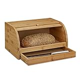 Relaxdays Rollbrotkasten mit Schublade, Bambus, aromadicht, Brotkasten mit Rolldeckel, HxBxT: 21 x 40,5 x 28 cm, Holz, natur