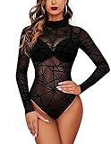 Avidlove Damen Body Sexy Bodysuit Elegant Mesh Top Langarm Formende Bodys Rollkragen Oberteil Dessous Babydoll Schwarz M