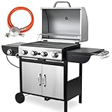 4+1 Brenner Gasgrill, Master mit Seitenkochfeld,BBQ Grillwagen Gas aus Edelstahl,Hochleistungsbrenner, Impulszünd, mit Thermometer,Große Grillfläche,Grillküche,Standgrill, 4*/2.93KW + 2.33KW