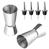 AFASOES 2 Stück Barmaß mit 4 Stück Flaschenausgießer Kleiner gin cl Messbecher Rostfreier Edelstahl Cocktail Maß Jigger Doppelmaß für Bar Party Gin Wein Cocktail Drink Shaker Cocktailmixer (25/50ml)