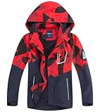 LAUSONS Kinder Gefütterte Regenjacke Jungen Camouflage Wasserdicht Jacke Leichte Übergangsjacke mit Abziehbar Kapuze Rot Camo DE: 128-134 (Herstellergröße 130)