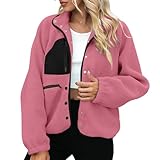 Generisch Damen Fleecejacke Langarm Mantel Kurz Jacke Winter Übergangsjacke Farbblock Winterjacke Patchwork Plüschjacke Baggy Fleecemantel Reverskragen Outwear Outdoor Wintermantel Mode Sportmantel