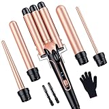 Lockenstab set 5 in 1 mit 3 Fässer - Welleneisen für große/mittlere oder kleine Locken Keramikbeschichtung Lockenstäbe Temperatureinstellung Schnelle Erwärmung, mit Handschuh und 2 Clips