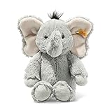 Steiff Ella Elefant grau 30 cm, Soft Cuddly Friends Kuscheltier, Steiff Marken Plüschtier mit 'Knopf im Ohr', Stofftier für Babys von Geburt an, waschmaschinenfest