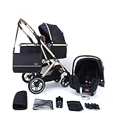 Pixini Kinderwagen Lania 3in1 Kombikinderwagen, inkl. Babywanne & Buggy & Auto-Babyschale & Wickeltasche/Cupholder/Regenschutz/Adapter (gold/schwarz)