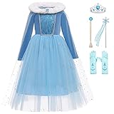 KANDEMY Mädchen Prinzessin Elsa Kostüm Eiskönigin Kleid mit Umhang Prinzessinnen Elsa Kleider Kinder Geburtstag Karneval Fasching Kostüme Cosplay Verkleidung Party Blau-K35 120