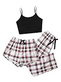 GORGLITTER Damen Schlafanzug 3er Set Cami Schlafanzug Plaid Pajamas Set Nachtwäsche Schlafhose Kariert Schlafanzüge Hausanzug Weiß L