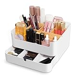 hleo® Make Up Organizer, Schminke Aufbewahrung, Schminkbehälter, Hochwertiger Multifunktionaler Bambus Kosmetikbox mit 6 Fächern und 1 Schublade, Anti-Rutsch Aufbewahrungsbox