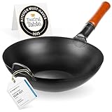 YOSUKATA Karbonstahl Woks & Wokpfannen - 34 cm Voreingebrannter Wok Pfanne Karbonstahl Flacher Boden - Traditionell Wok für induktionsherd - Kompatibel mit Gas- Elektroherden Grill Induktion Feuer