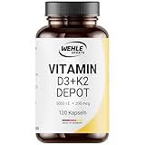 Vitamin D3 K2 Depot 120 Kapseln Hochdosiert 5.000 IE Vitamin D3 + 200 µg Vitamin K2 MK7 All Trans – Wehle Sports - Ohne Zusätze, Hergestellt in DE.