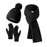 SRZYMJ BK3 Wintermütze Schal Handschuhe Set， Wintermütze Schal Touchscreen Handschuhe Set, Warme Wintermütze Strickmütze Herren Damen 3-in-1 Winter-Set Mütze und Handschuhe Set für Outdoor Wärmen