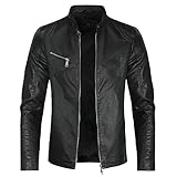 Sliktaa Herren Jacke aus Kunstleder mit Stehkragen Übergangsoberteil Lässig Motorrad Piloten Reißverschluss Casual Klassisch Lederjacke(Schwarz 1 L)