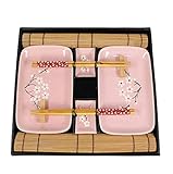 Exzact 10-teiliges Sushi-Set – 2 x Sushi-Teller, 2 x Dip-Schalen, 2 x Bambus-Tischsets, 2 x Bambus-Essstäbchen, 2 Paar Essstäbchen – hochwertiges Porzellan