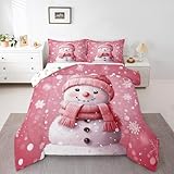 Erosebridal Süßes Schneemann-Bettwäsche-Set, Kawaii, Rosa, Weihnachts-Bettwäsche-Set für Kinderzimmer, Mädchenzimmer, weiße Weihnachtsschneeflocke, Steppdecke, Steppdecke, 2 Kissenbezüge