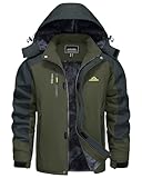 KEFITEVD Softshelljacke Herren Wasserdicht Dicke Winterjacke mit Abnehmbarer Kapuze Zip-Taschen Winter Thermojacke Outdoor Ski Jagd Jacke Männer Dunkeloliv L