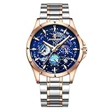 DAXIAOYU Trend Sternenhimmel Zifferblatt Herren Armbanduhr Leuchtend Wasserdicht Multifunktional Chronograph Kalender Uhr Edelstahl Quarz Uhren, Roséblauer Stahl, Armband