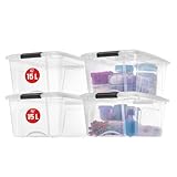 Iris Ohyama Aufbewahrungsboxen mit Deckel, 15L, 4er-Set, Transparent, Sicherer Verschluss, Stapelbar, Griffe, Schlafzimmer, Schrank, Büro, Organisation, BPA-freies Plastik, Ordnungsboxen, NTB-15