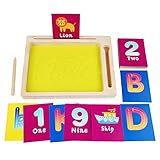 yuxun Sandpausentablett für Kinder - Sandkasten zur Buchstabenbildung mit Karteikartenhalter und Karteikarten,Alphabet- und Zahlenlernspielzeug, Sandzeichnung in einem hölzernen Sandkasten