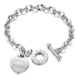 Emibele Armband mit Gravur, Edelstahl Gliederarmkette mit Herzanhänger & OT Schnalle für Damen Mädchen, Gliederkette Schmuck mit Bibelversen Sprüche 4:23 - Silber