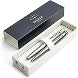 PARKER Jotter-Set | Füllfederhalter und Kugelschreiber | Edelstahl mit Goldbesatz | Mittlere Feder, blaue Tinte | Geschenkbox