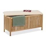 Relaxdays Wäschetruhe mit Sitz, Badhocker mit Stauraum, 100 l Wäschesammler, HBT: 50x100x38 cm, Holz/Stoff, natur/weiß