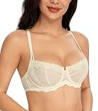 Lemorosy Damen Balconette BH Floraler Durchsichtig Spitze BH Bügel Push Up Ungepolster BH(Beige,85C)