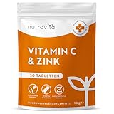 Vitamin C & Zink - 120 Tabletten - Hochdosiert mit 1000mg Vitamin C + 20mg Zink - Laborgeprüft, vegan & optimal bioverfügbar - ohne unnötige Zusatzstoffe - Unterstützung des Immunsystems - Nutravita