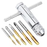 Habwea 5 Stück Gewindebohrer Set, M3 M4 M5 M6 M8 HSS Gewindefräsen T -Griff Ratsche Gewindeschneider Halterschlüssel (Tap Wrench Set-Golden)